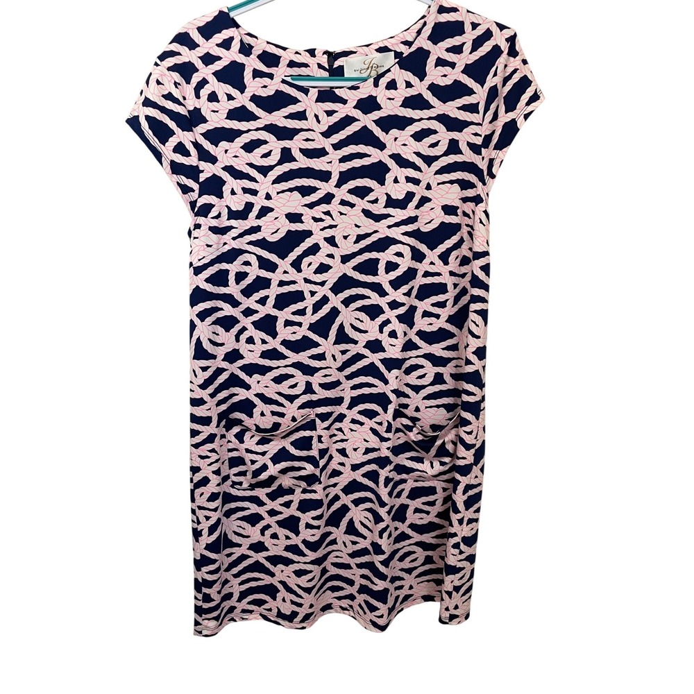 Julie Brown Palmer Navy Nautical Rope Shift Dress XL Pink White Stretch Jersey